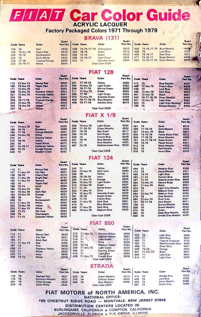 Fiat Car Color Guide for acrylic lacquer factory packaged colors 1971 through 1979, published by Fiat Motors of North America — comprehensive multi-model listing covering Fiat 128, X1/9, 131, 124, 850 and Strada with paint code numbers, colour names and year ranges
