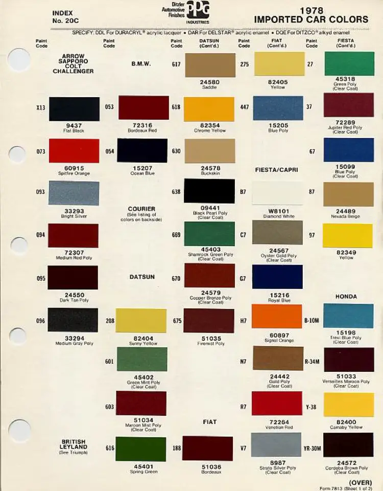 1978 PPG Ditzler Imported Car Colors chip chart (Form 7813 Sheet 1 of 2) showing colour swatches for Arrow/Sapporo/Colt/Challenger, BMW, Courier, Datsun, Fiat, Fiesta/Capri and Honda — Fiat section includes codes 275 (Yellow 82405), V7 (Strato Silver Poly 8987) and others for 1978 X1/9