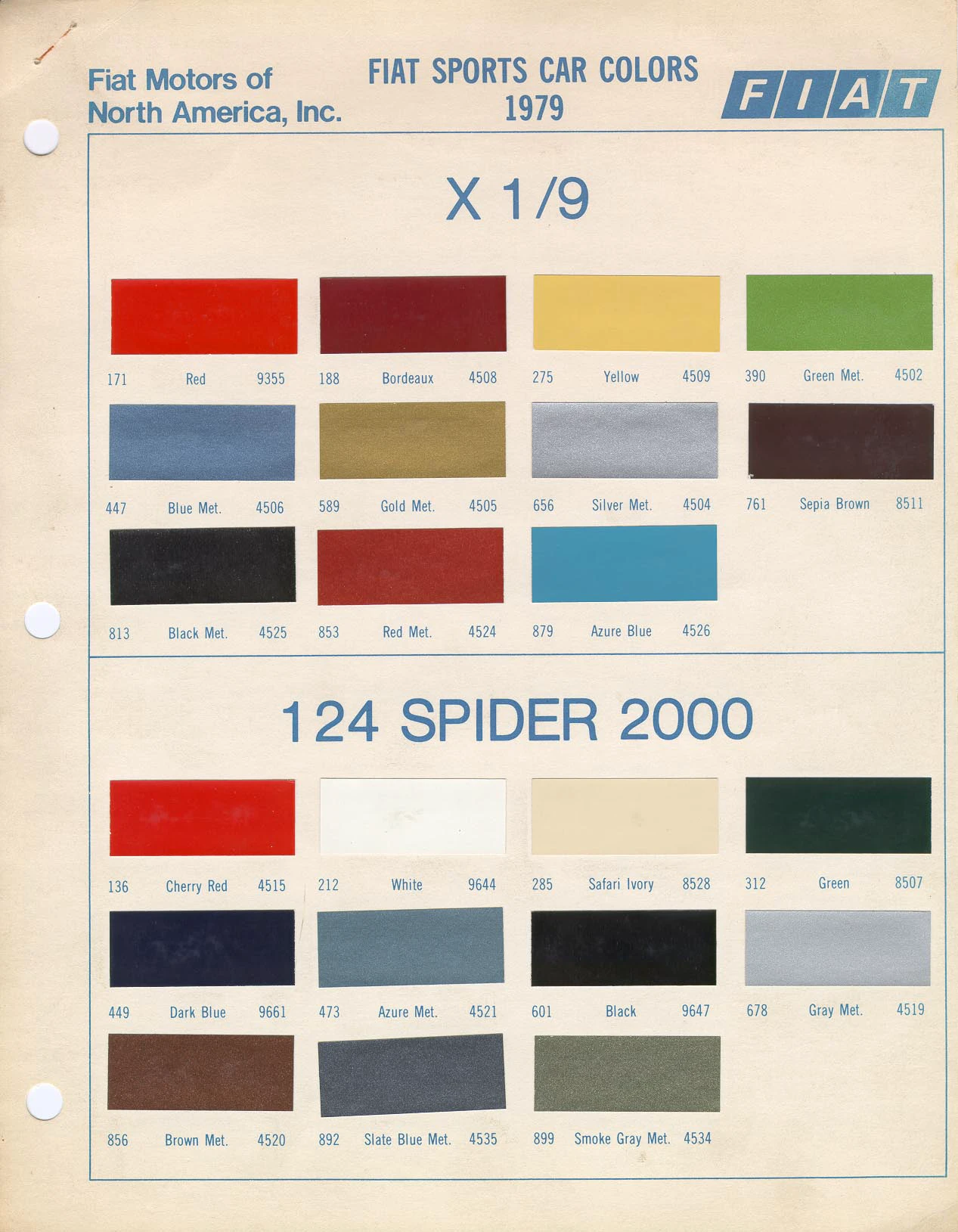 1979 Fiat Sports Car Colors official dealer chart from Fiat Motors of North America showing colour chips for X1/9 and 124 Spider 2000 — X1/9 colours: 171 Red (9355), 188 Bordeaux (4508), 275 Yellow (4509), 390 Green Met. (4502), 447 Blue Met. (4506), 589 Gold Met. (4500), 656 Silver Met. (4504), 761 Sepia Brown (8511), 813 Black Met. (4525), 853 Red Met. (4524), 879 Azure Blue (4526)