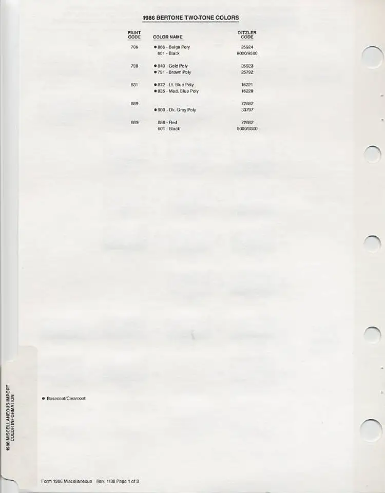 1986 Bertone Two-Tone Colors listing showing five two-tone combinations: code 706 (Beige/Black), code 798 (Gold/Brown), code 831 (Lt. Blue/Med. Blue), code 889 (Red/Dk. Gray), code 869 (Red/Black) with Ditzler codes