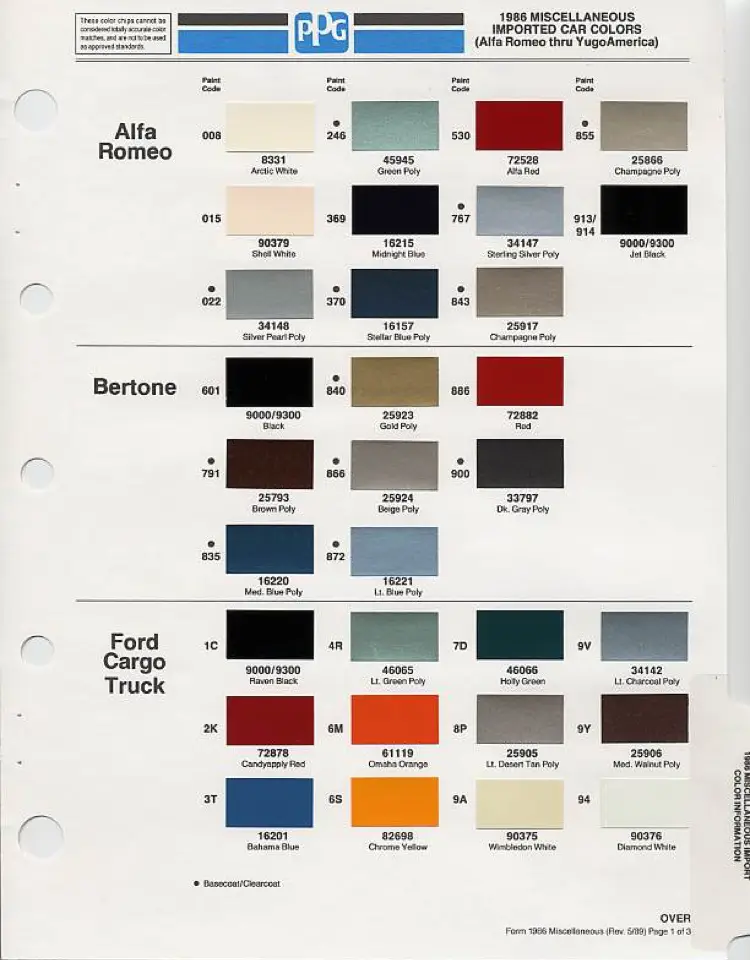 1986 PPG Miscellaneous Imported Car Colors chip chart (Page 1 of 3) showing Alfa Romeo and Bertone — Bertone codes 601 Black (9000/9300), 791 Brown Poly (25793), 835 Med. Blue Poly (16220), 840 Gold Poly (25923), 866 Beige Poly (25924), 872 Lt. Blue Poly (16221), 886 Red (72882), 900 Dk. Gray Poly (33797)