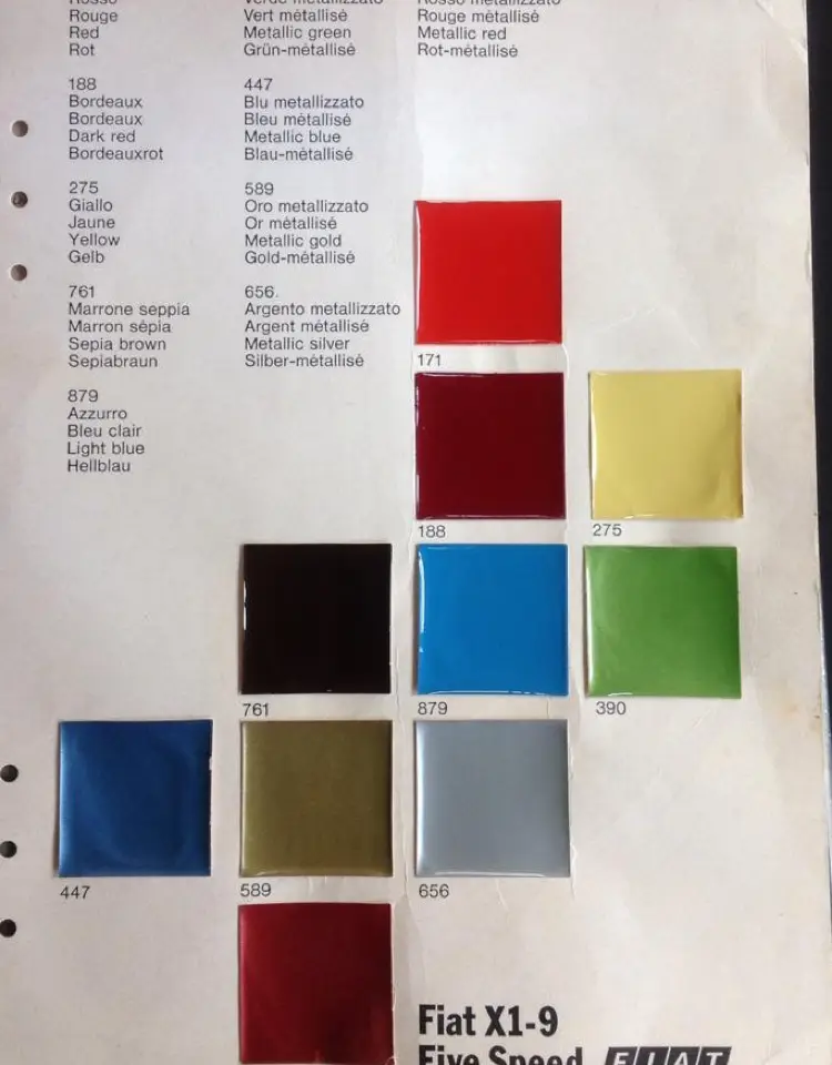 Fiat X1-9 Five Speed factory paint chip card with actual glossy colour samples — codes 171 Red, 188 Bordeaux, 275 Yellow, 447 Blue metallic, 589 Gold metallic, 656 Silver metallic, 761 Sepia Brown, 879 Azure blue, 390 Green metallic — multilingual colour names in Italian, French, English and German
