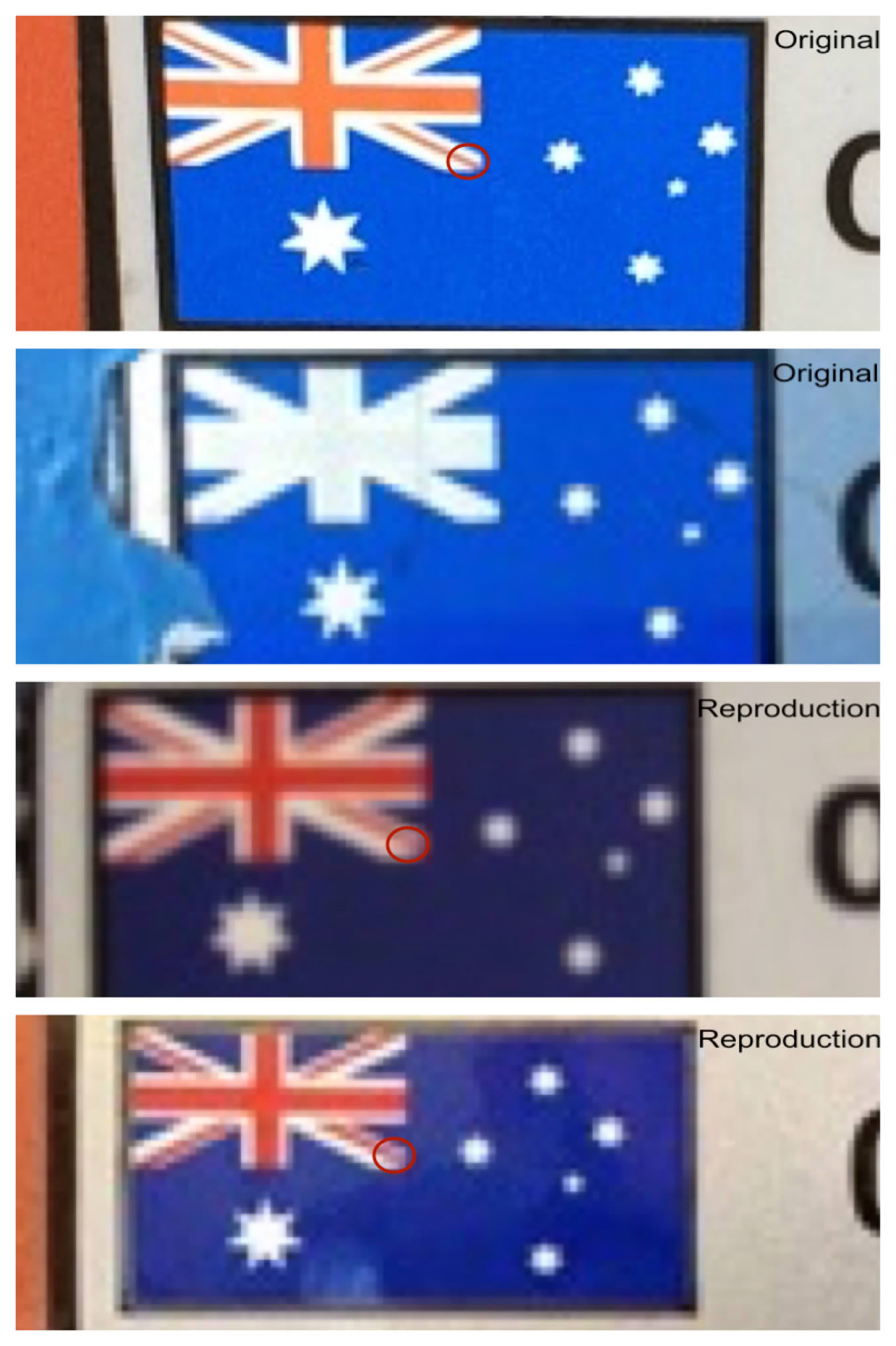 Comparison of original flags on stickers showing fading and Union Jack detail