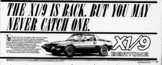 Bertone X1/9 newspaper advertisement 1988