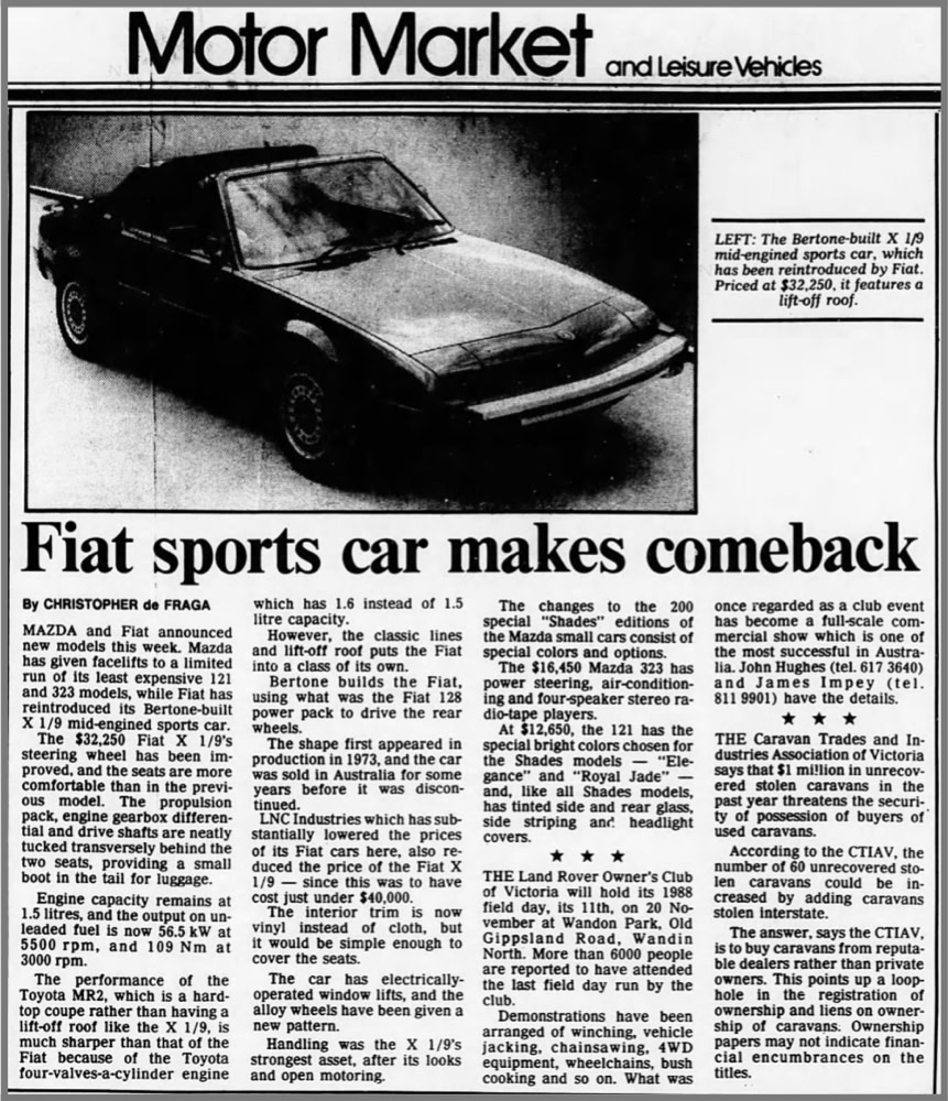 Bertone X1/9 in Motor Market magazine