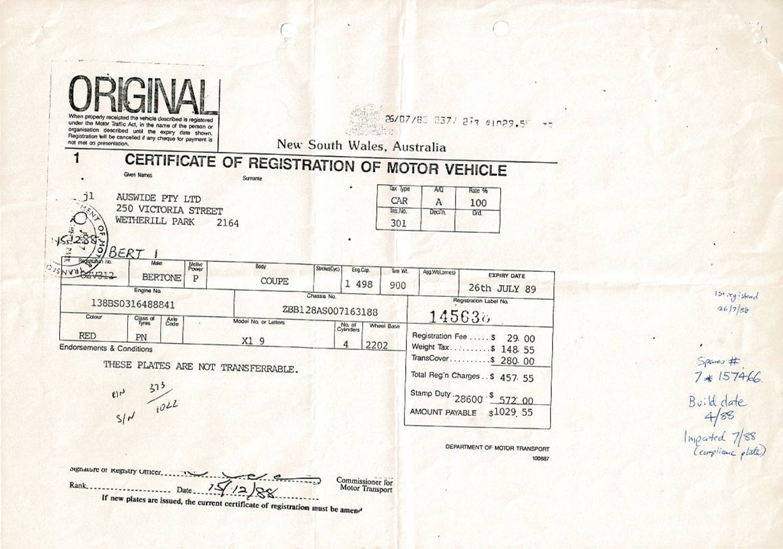 SUTI Bertone X1/9 VIN registration