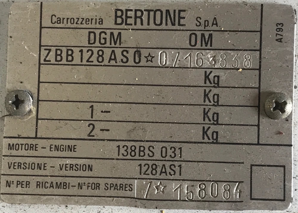 Bertone ZBB VIN plate
